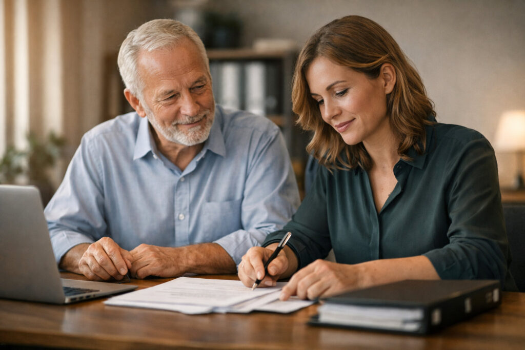 Älterer Mann und jüngere Frau sitzen am Schreibtisch und unterschreiben gemeinsam Dokumente.