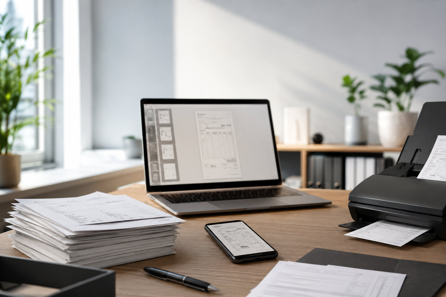 Arbeitsplatz mit Laptop, Smartphone, Papierstapeln und Belegdrucker zur Buchhaltung.